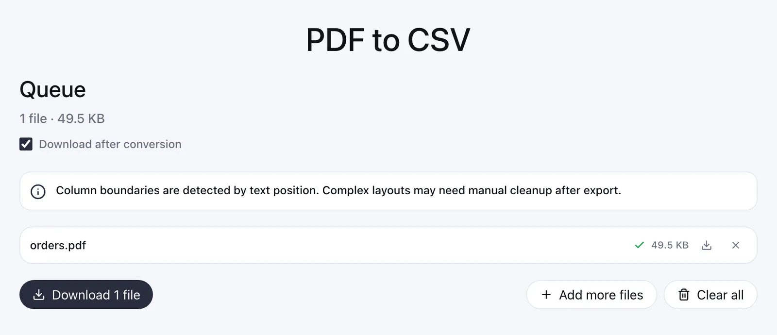 PDF to CSV converter on this site: orders.pdf converted, with a Download 1 file button